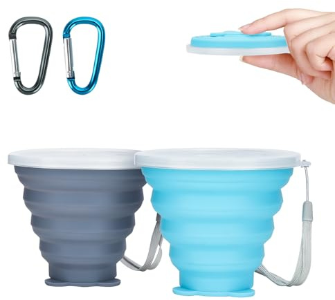 WRENYZK Lot de 2 gobelets pliables avec couvercle, 250 ml, réutilisables, gobelets de voyage, gobelets en silicone, gobelets à plier pour l'extérieur, le camping, les voyages, le sport, les