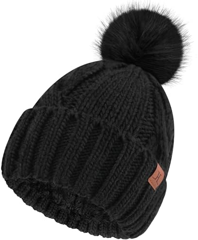 Bequemer Laden Winter Damen Mütze mit Bommel Zopfmuster Beanie Wintermütze | Damen Winter Warm Strickmütze Thermo Wintermütze Elegant Bommelmütze mit Fleece Gefütterte Geschenke für Frauen