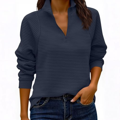 Hoodie Damen Oversize Pullover mit 1/4 Reißverschluss Stehkragen Oversized Sweatshirt Langarm Baumwolle Elegant Casual Herbst Winter Oberteil XXL Navy