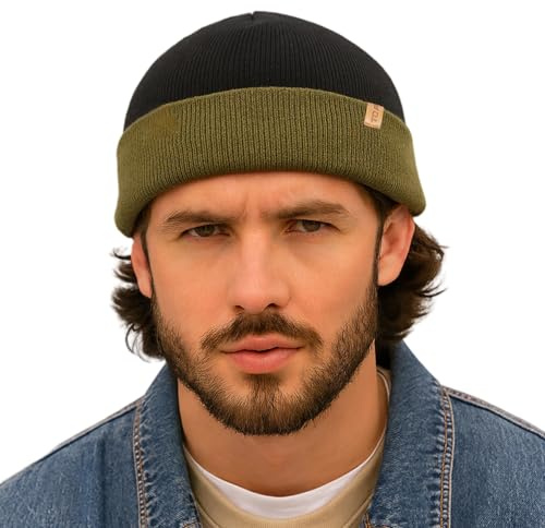 TOP-EX 80% Merino Wool Fisherman Beanie Hat for Men & Women, Warm Winter Wool Hats, Unisex Winter Cap Trawler Knitted Cuffed Hat for Outdoor Walking Golf, Black & Army Green M/L