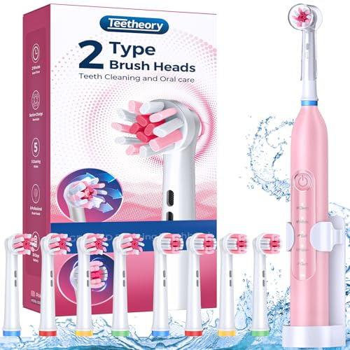 Pink Electric Toothbrush for Adults - Rotating Travel Toothbrush with 8 Brush Heads (2 Types), 5 Cleaning Modes, 2.5H Fast Charge, Type-C, IPX7 Waterproof