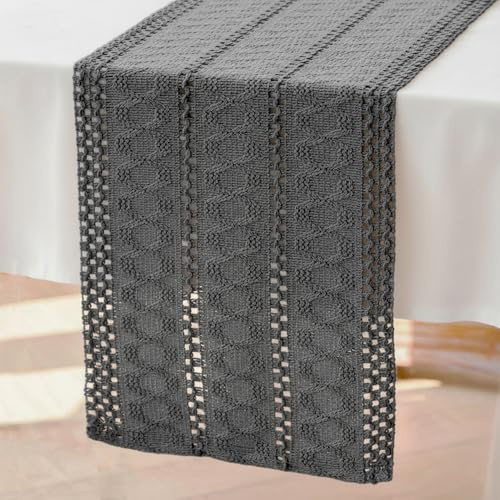Brylleii Tischläufer Häkel Grau Boho Makramee Deko Tisch Läufer Modern 30 x 140 cm Baumwolle Leinen Landhausstil Tischdecke Klein Abwaschbar Table Runner Schmal für Küche Hochzeit Deckchen