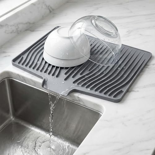 Woobroo Dish Draining Mat - 48×35 cm Silicone Non-Slip Draining Mat for Kitchen Countertops and Bathroom Sinks, Grey