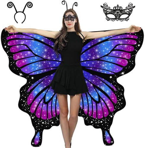 Schmetterling Umhang Erwachsene - Doppelseitiger Schmetterlingsflügel Damen Kostüm mit Maske und Haarreif, Schmetterling Flügel Faschingskostüme für Halloween Karnevel Cosplay (Sky-08)