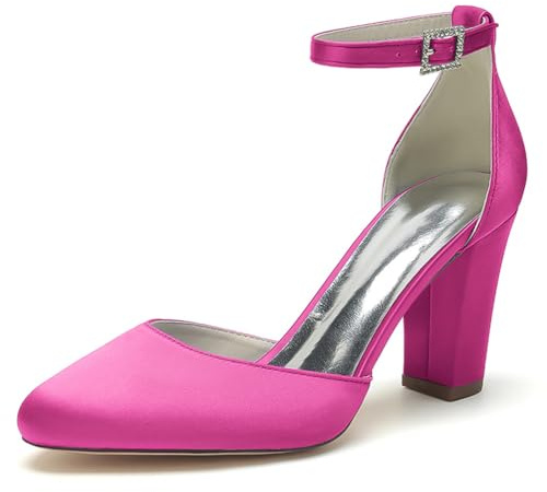 HFWXYSA Women's Chunky Block High Heels Round Toe Satin Bridal Sandals Ankle Strap Dress Shoes Wedding Party Pump,Fuchsia,6 UK