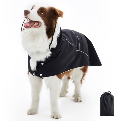Fyorbietail Waterproof Dog Raincoat, Black, M | Adjustable, Leash Hole, Detachable Hooded, Pocket & Reflective Strip, Outdoor Walking