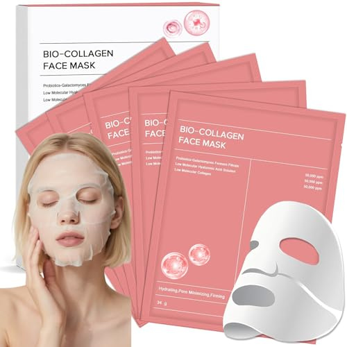 5PCS Bio Collagen Face Mask Overnight Hydrogel Mask — Deep Hydration Collagen Sheet for Smooth Glass Skin Look, Moisturizing Care for Dry Sensitive Skin, Pink