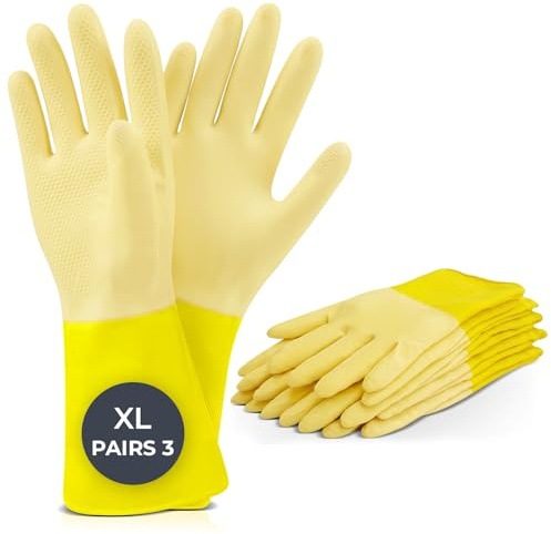 Rubber Gloves XL 3 Pairs Yellow Washing Up Gloves Extra Large Non-Slip Grip | Reusable latex household gloves for men, embossed grip palm, for dishwashing, cleaning and garden tasks