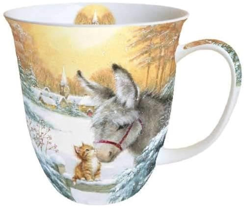 Ambiente Fine Bone China - Tazza natalizia con asino e gattino, 0,4 litri