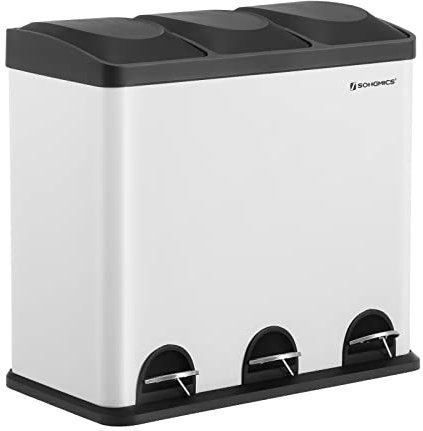 SONGMICS Pattumiera di 54L, Cestino di Spazzatura, a 3 Sezioni, con Pedale, Secchio Interni, 6 Etichetti per Smailtimento Facile, Bianco e Nero LTB54W