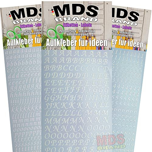 MDSBrand 1cm Schreibschrift Buchstaben Aufkleber & Zahlen Aufkleber 3er/pk ideal für Hochzeit, Weihnachten und Geburtstagen, einfach zum basteln und gestalten von Karten & Fotoalbum 34 (Weiss)