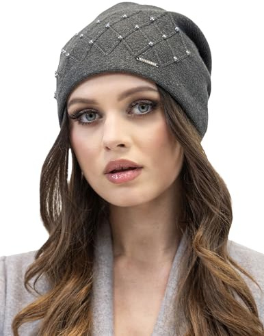Vivisence Gorro De Otoño Invierno para Mujer Elegante Damas Decorado con Perlitas Sin Forro Ajuste Invierno Hecho De Hilo Cálido Ideal para Días Fríos 7002, Gris Oscuro,Talla Única
