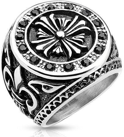 Tata Gisèle Bague Biker en Acier Chirurgical 316L Argenté et Oxydes de Zirconium - Croix Celte Entourée de Zircons Noirs et Fleur de Lys sur les Côtés - (59)