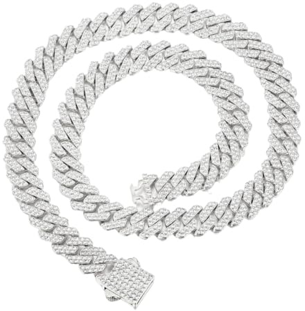 HALUKAKAH Chapado en Platino Diamante Cubano Collar de Eslabones Para Hombre - Más de 1000 Diamantes de Laboratorio - Ancho 12mm Largo 50cm - con Caja de Regalo