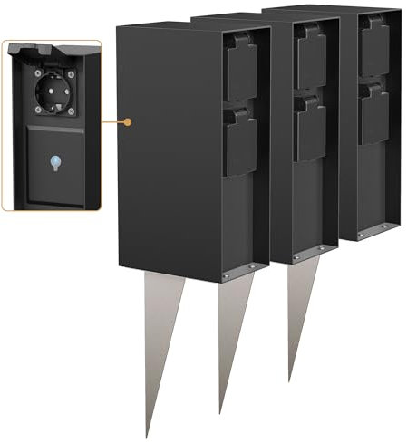 ledscom.de 3 Stück Garten-Steckdosensäule POMI mit Erdspieß für außen, IP44, Smart Home, WLAN, Alexa, 3-Fach, schwarz, eckig, 23cm