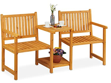 Relaxdays trädgårdsbänk med integrerat bord, 2-sits, robust träbänk, trädgård och balkong, HBT: 86 x 161 x 61 cm, natur, 100%