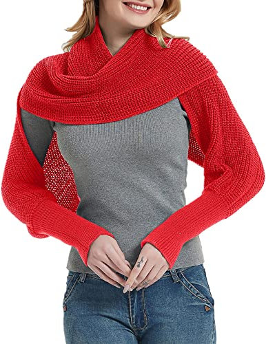 Schlauch Schal Damen Mode Winter warm einfarbig gestrickt Wickelschal häkeln dicken Schal Cape mit Ärmel für Frauen Halstuch Rot (Red, One Size)