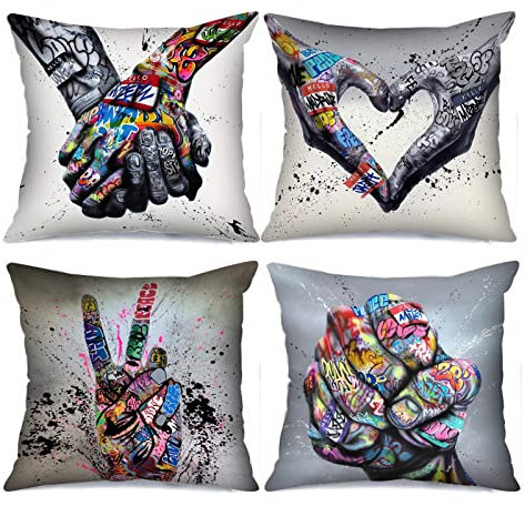 Tucocoo Graffiti Cushion Covers Decorative 18 x 18 Inch 4 Pack Banksy Street Art Pillow Covers Fist Inspirational Finger Throw Pillow Hands Pillow Cases for Couch Sofa Living Room