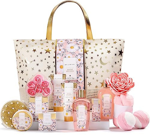 SPA LUXETIQUE Beauty Set für Frauen - Bad Geschenkset 15-teiliges Geburtstagsgeschenk, Gänseblümchen Duft Spa Set, Geburtstagsgeschenk mit Duschgel, Geräumige Handtasche, Wellness Set für Frauen