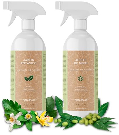 Naukua Pack Jabón Potásico más Aceite de Neem Ecológico 100% Natural - Mejora y activa las defensas naturales de las plantas de interior y exterior - Actúa de manera rápida y eficaz - 1l cada uno