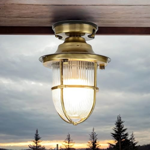 Licht-Erlebnisse Außen Deckenlampe Maritim, Messing Lampe außen, Glas, geriffelt, IP54, E27, H:23 cm, nostalgisch, Kellerlicht, Garten, Terrasse, Balkon, Außenlampe Antik