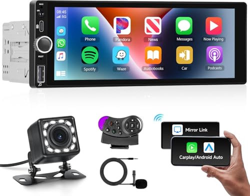 Hodozzy 1 Din Autoradio mit Wireless CarPlay/Android Auto, Stereo Bluetooth Freisprecheinrichtung 1 Din Bildschirm 6,86 Zoll IPS Touchscreen MirrorLink FM EQ AUX USB SWC Type-C MP5 mit Kamera