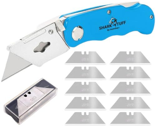 Shark-Tuff® Heavy Duty Folding Utility Knife with 10 Spare SK5 Blades | All Metal Sharp Craft Tradesman Camping Pocket Knife Cardboard Box Cutter with Belt Clip & Safety Lock UK Legal
