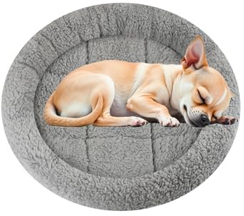 Enjoying Plush Cat Bed Mat, 15.75 Round, Self Warming Dog Bed with Pillow, Puppy Kitty Relying/Curling Sleep Cushion, Warm Bed for Small to Medium Dogs Cats Rabbits, Antiskid Bottom, Medium