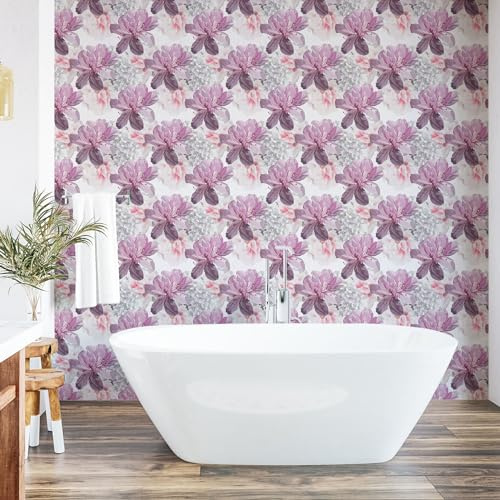 ABAKUHAUS Floral Papier peint autocollant pour la maison, Art De Fleurs D'Hortensias Et D'Azalées, Accent de salon et de cuisine auto-adhésif, 33 cm x 180 cm, Aubergine pâle Rose pastel