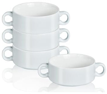 TAOCIGOU Französische Zwiebelsuppenschalen mit Griffen, stapelbare Suppentöpfe, Keramik, Suppentöpfe, spülmaschinenfest, ofen-, mikrowellengeeignet, große Auflaufförmchen, Schüsseln, 4er-Set (weiß)