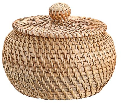 IGNPION Rattan Storage Basket with lid Multi-Purpose Decorative Storage Baskets for Shelf &Desktop Woven Picnic Fruit Basket Egg Holder Bowl (XS)