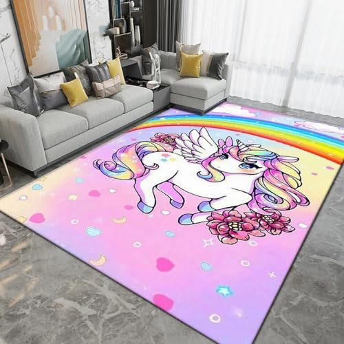 Kinderteppich Cartoon Süßes Einhorn-Tierpferd - Kurzflor Teppich Kinderzimmer Spielteppich Antiallergen Und Extra Weich - Babyzimmer Teppiche Für Junge Und Mädchen Babyteppich 140 X 200 cm / 55-3N8L8