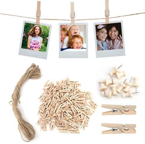 150pcs Mini Pegs and String for Photos, Mini Wooden Pegs for Card Hangers | Small Pegs and 10M Jute String for Picture Hanging, Wall Display, Craft, Weddings, Party