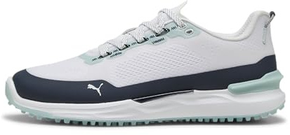 Puma Ignite Elevate X Men’s Golf Shoes – Spikeless Golf Shoes for Men with Waterproof Exoshell, Ignite Foam Cushion & Grip, White-Deep Navy-Modern Mint, 10.5