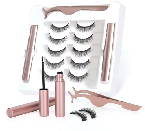 Houldhowd Magnetic eyelashes with eyeliner (5 pairs), is simple and convenient to wear, can be reused, glue-free, and can be used longer with 2 eyeliners (natural styles)