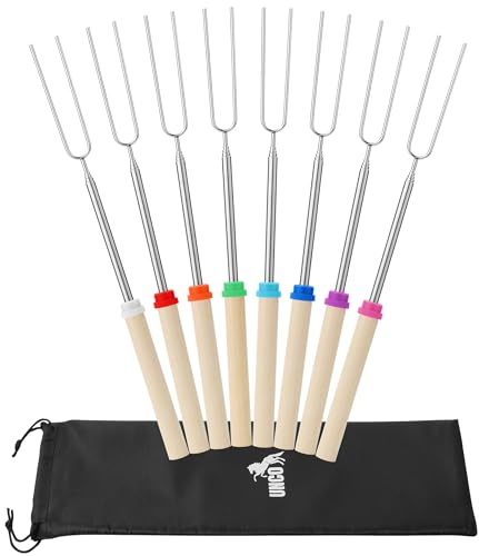 UNCO- Marshmallow Roasting Sticks with Bag, 32”, 8 Pack, Extendable Stainless Steel Smores Sticks for Fire Pit, Smores Skewers, Campfire Cooking Equipment
