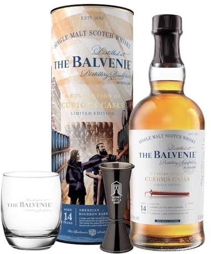 Balvenie 14 Year Old American Bourbon Barrel Whisky 70cl - Balvenie Whisky Glass & Secret Bottle Shop Jigger - Gift Set Bundle