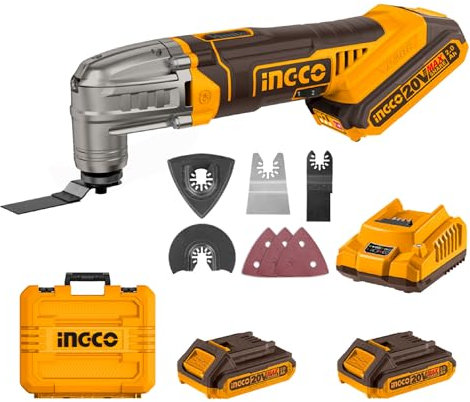 INGCO 20V Cordless Oscillating Multi Tool, 6 Variable Speed, 5000-20000 RPM, 3.2° Oscillation Angle, Electric Multi Tool with 2Pcs 2.0Ah Battery and Charger for Sawing, Cutting, Sanding