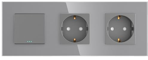PULSAR Taster mit 2x Steckdose Unterputz 3 Fach Glas Grau, Lichtschalter Wipptaster 10A Lichttaster mit Wandsteckdose Kindersicherung Glasrahmen