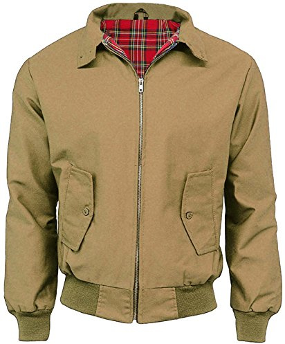Armé- och arbetskläder Harrington jacka med tartan foder gjord gjord i Storbritannien för män med dragkedja klassisk bomber, Camel, L