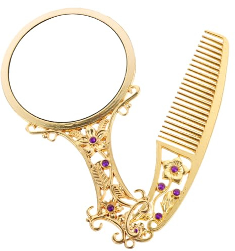 HONMEET Eleganter Spiegel Vintage Gold mit Hand Schminkspiegel und Klappbarem Kleiner Spiegel aus Legierung und Glas Tragbarer Kosmetikspiegel mit Kamm für Reise und Zufälliger Stil