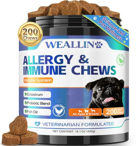WEALLIN Dog Allergy Relief Chews, Anti-Itch & Immune Support, 200 Count | Supports itching, paw licking, hot spots and seasonal allergies with probiotics, colostrum and omega-3. Chicken flavour