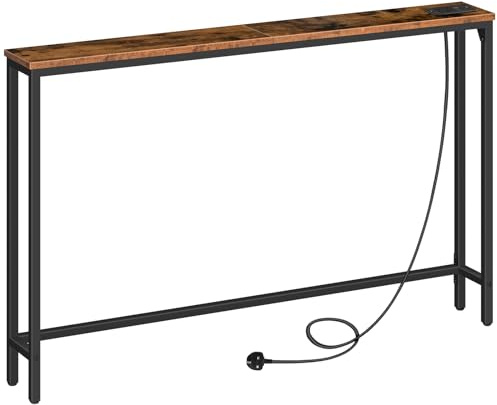 HOOBRO Console Table with Charging Station, 120 cm Slim Console Table for Hallway, Behind Sofa Table, for Entryway, Living Room, Small Spaces, Metal Frame, Rustic Brown and Black EBF15KXG01G1