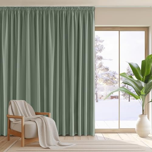 PONY DANCE Extra Wide and Long Blackout Curtain for Room Divider - Pencil Pleat Sage Green Thermal Curtain, Energy Saving Privacy Protected Drape for Hotel Bedroom Living Room,1 Panel, 118 x 102 Inch