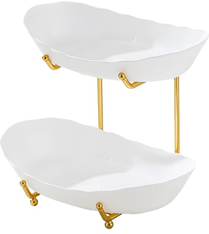 Obetuens Fruit Bowl for Kitchen Counter, with Serving Bowls and Metal Stand Tiered Serving Bowls for as a Snack Plate, Dried Fruit Plate, or Even a Display Stand for Birthday Parties (White 2 Tier)