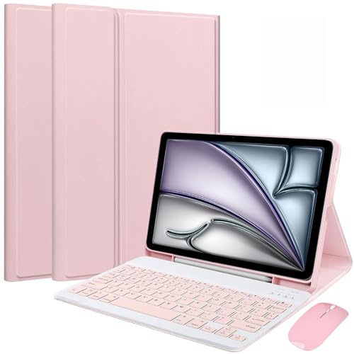 HEKUEUN Étui Clavier pour iPad 10,2 Pouces 9e/8e/7e Génération (2021/2020/2019) iPad Air 3/iPad Pro 10,5 Pouces avec Souris Clavier Bluetooth Magnétique Détachable avec Porte-Crayon,Rose