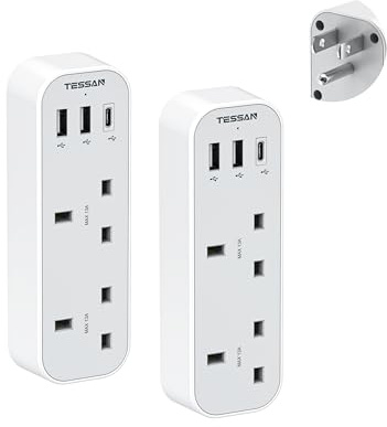 UK to US Plug Adaptor with USB C, TESSAN 2 Way UK to USA Plug Adapter with 3 USB Ports, 5 in 1 USA Travel Adapter, Travel Essentials for American, Thailand, Canada, Mexico, Jamaica (Type B), 2 Pack