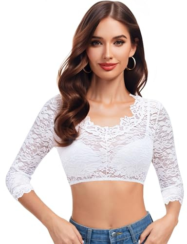 Hotouch Chemisier Dirndl pour femme - En dentelle - Col en V - Élégant - Manches 3/4 - Oktoberfest - Tailles XS à 3XL, Blanc., S