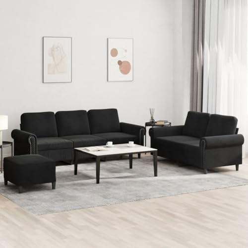 Gecheer Soffgrupp med kuddar 3 delar svart sammet, med fotstöd, modern vardagsrumssoffa för vardagsrum sovrum kontor, soffa cheslong, vardagsrumsmoduler