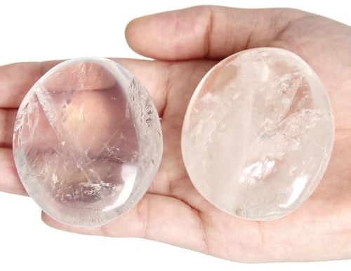 Pierre de palme en Cristal de Roche- 2 pierres de poche en Cristal de Roche poli, pierres de cristal de guérison lisses pour les soucis